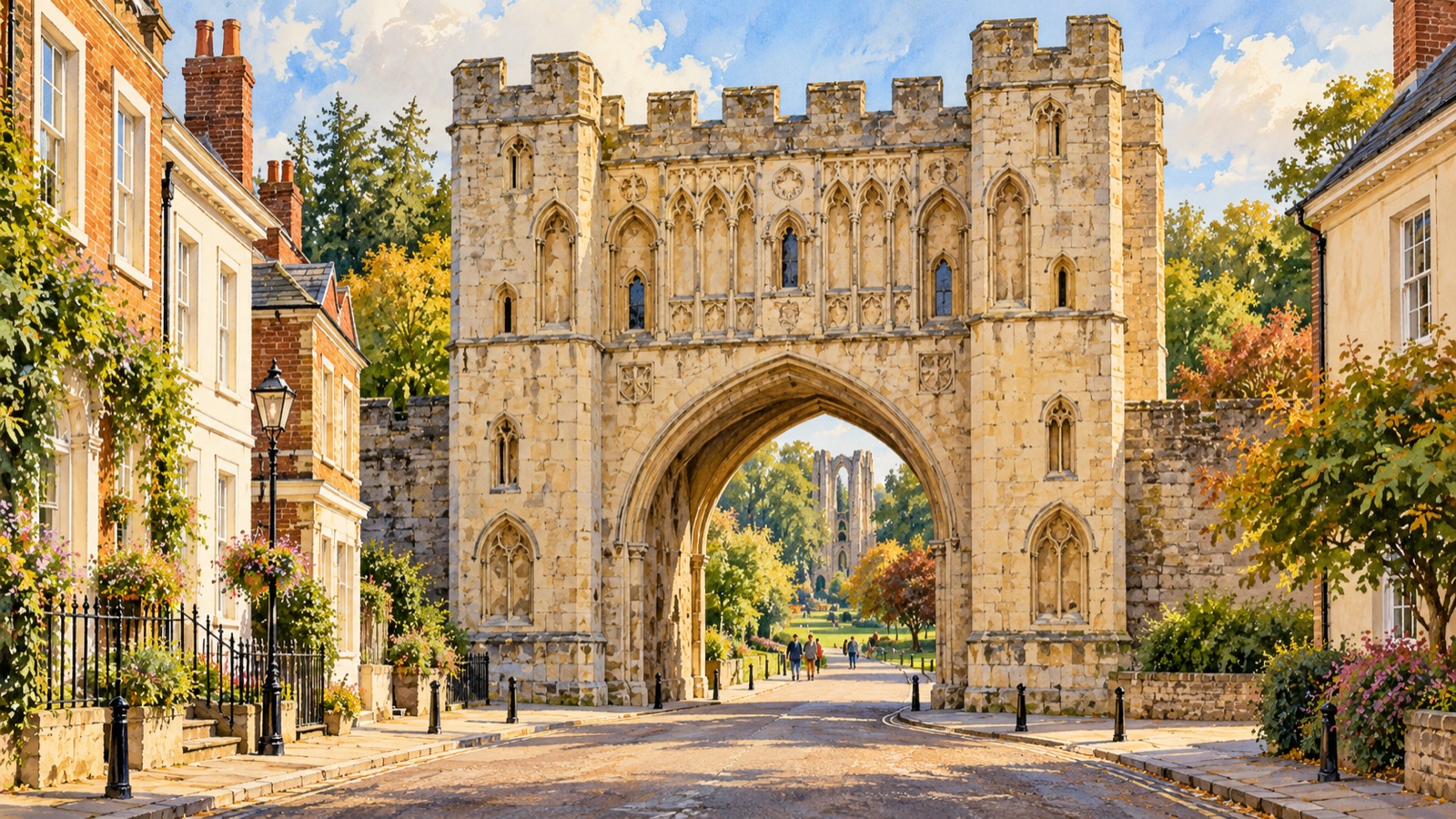 Artist's impression of the Great Abbey Gate on Angel Hill in Bury St Edmunds